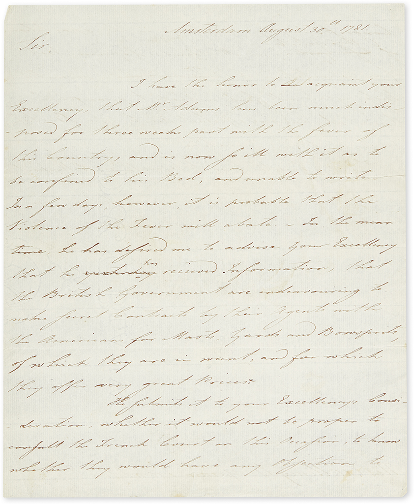 (AMERICAN REVOLUTION--1781.) Thaxter, John. Letter to Benjamin Franklin on behalf of John Adams, to cut off British naval supplies.